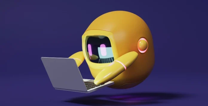 Robot amarelo, desenvolvido através de IA, a escrever ao computador